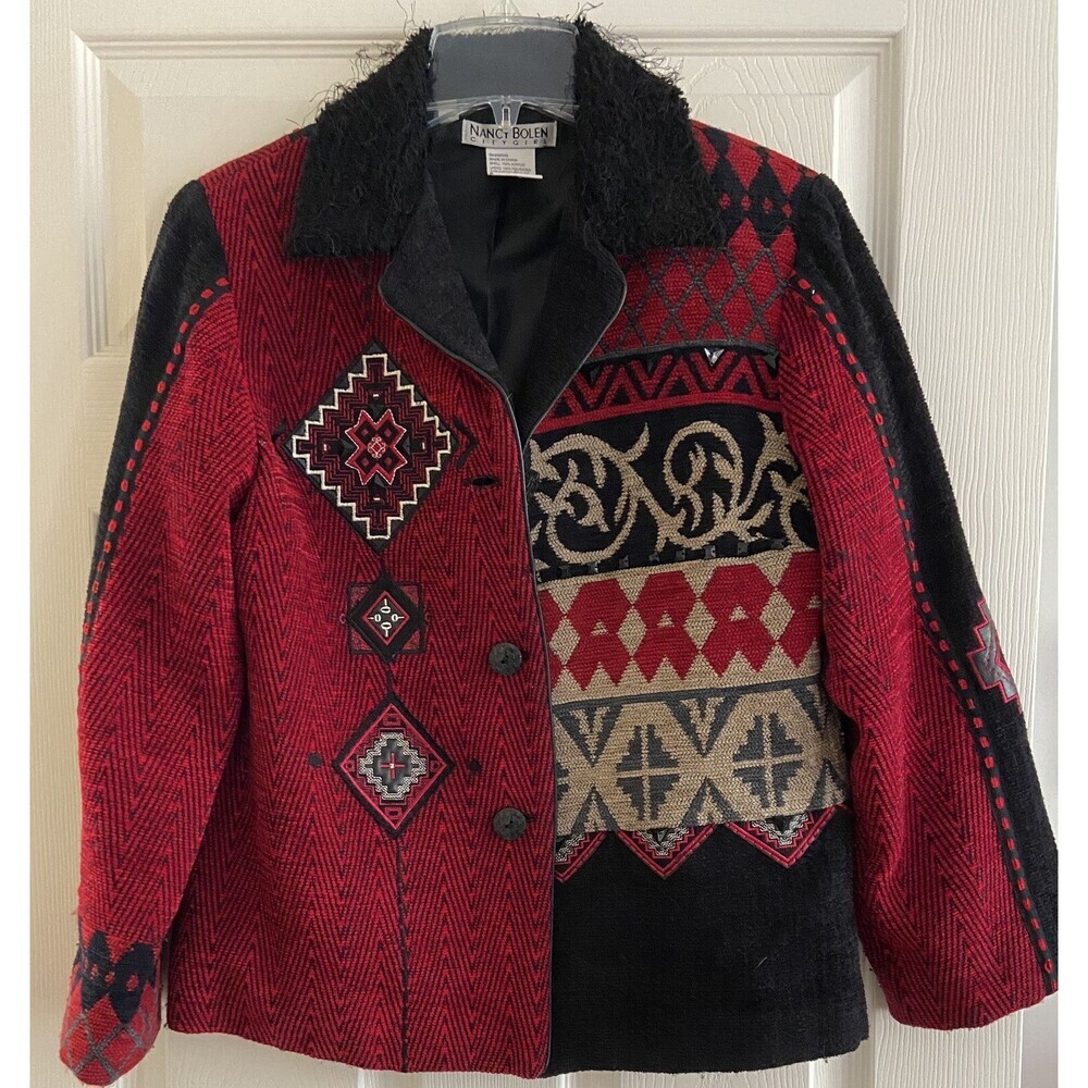 Vintage Luxury  Nancy Bolen Women’s Festival Jacket Black Red  Size XS